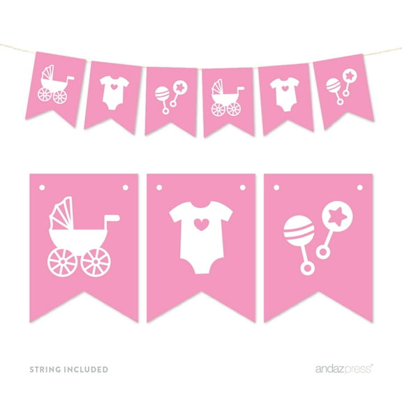 Pink Pennant Party Banner Baby Shower Rattles Carriage Onesie