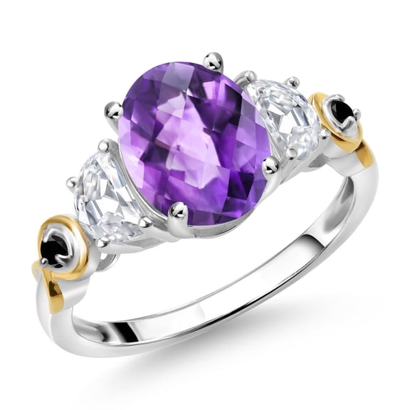 Gem Stone King 925 Silver and 10K Yellow Gold 3-Stone Ring Oval Checkerboard Purple Amethyst and Moissanite (2.01 Cttw, Size 7)