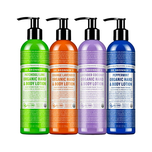 Dr. Bronner's - Lotion Bio (8 oz Assortiment) Menthe Poivrée, Lavande Noix de Coco, Orange Lavande, & Patchouli Citron Vert - Lotion pour le Corps & Hydratant, Bio, Apaisant pour Han