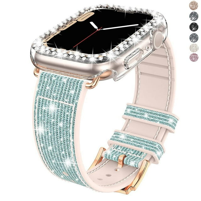Compatible with Apple Watch Band 45mm with Case Women ,Blingbling Leather and Silicone Band with Diamond Case (without screen protector) for iWatch Series 7