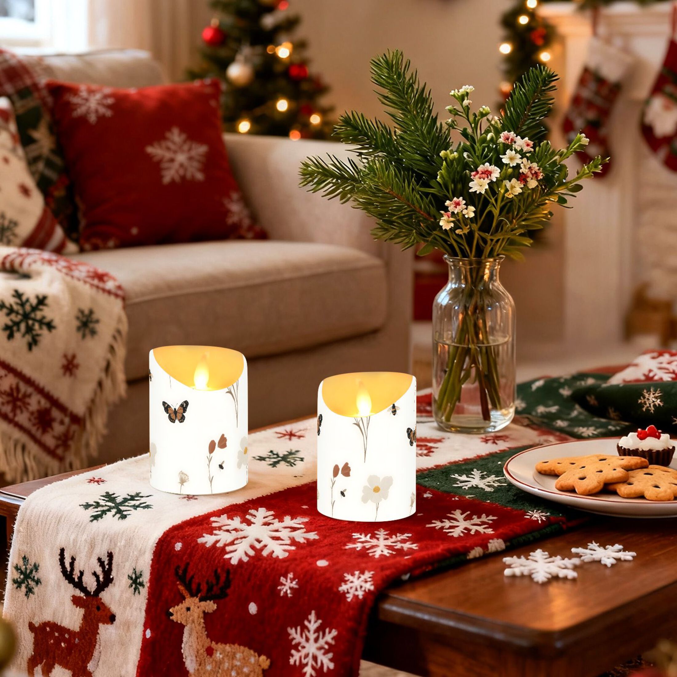 Wildflowers and Insects Flameless Candles 2 PCS with Remote Realistic Moving Flame LED Tapered Pillar Set for Home Decor