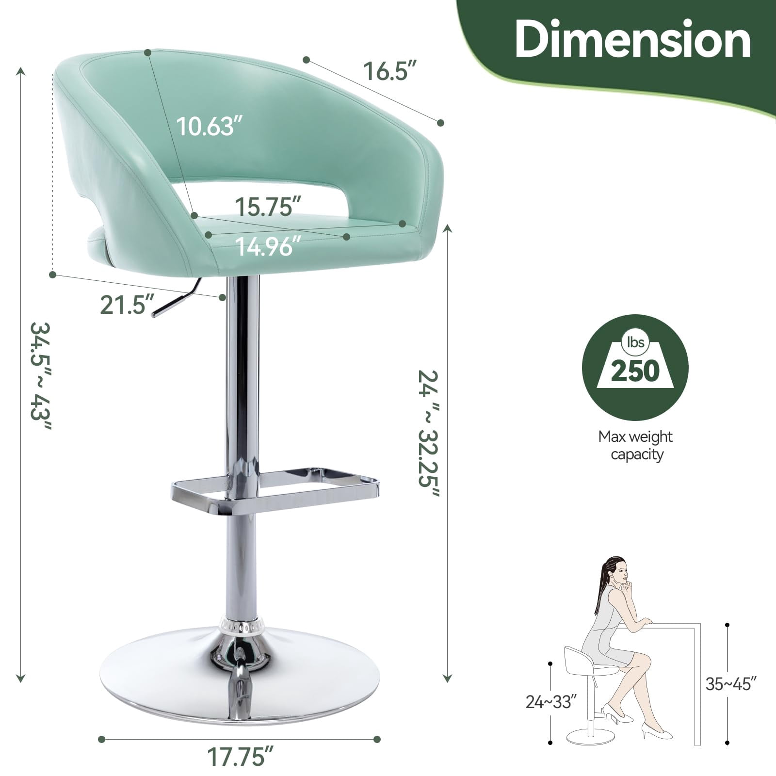 PU Leather Bar Stools, Adjustable Height 24."-32.25, Swivel Barstools with Back & Footrest, Upholstered Bar Chairs for Kitchen Island, Dining Room, Home Bar (Mint Green, Silver Base)