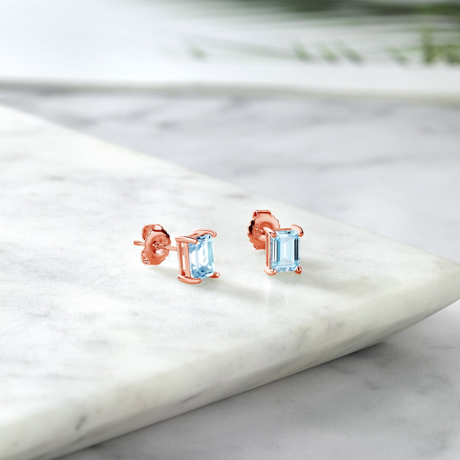 Gem Stone King 1.60 Ct Octagon 7x5mm Sky Blue Aquamarine 18K Rose Gold Plated Silver Stud Earrings for Women Men