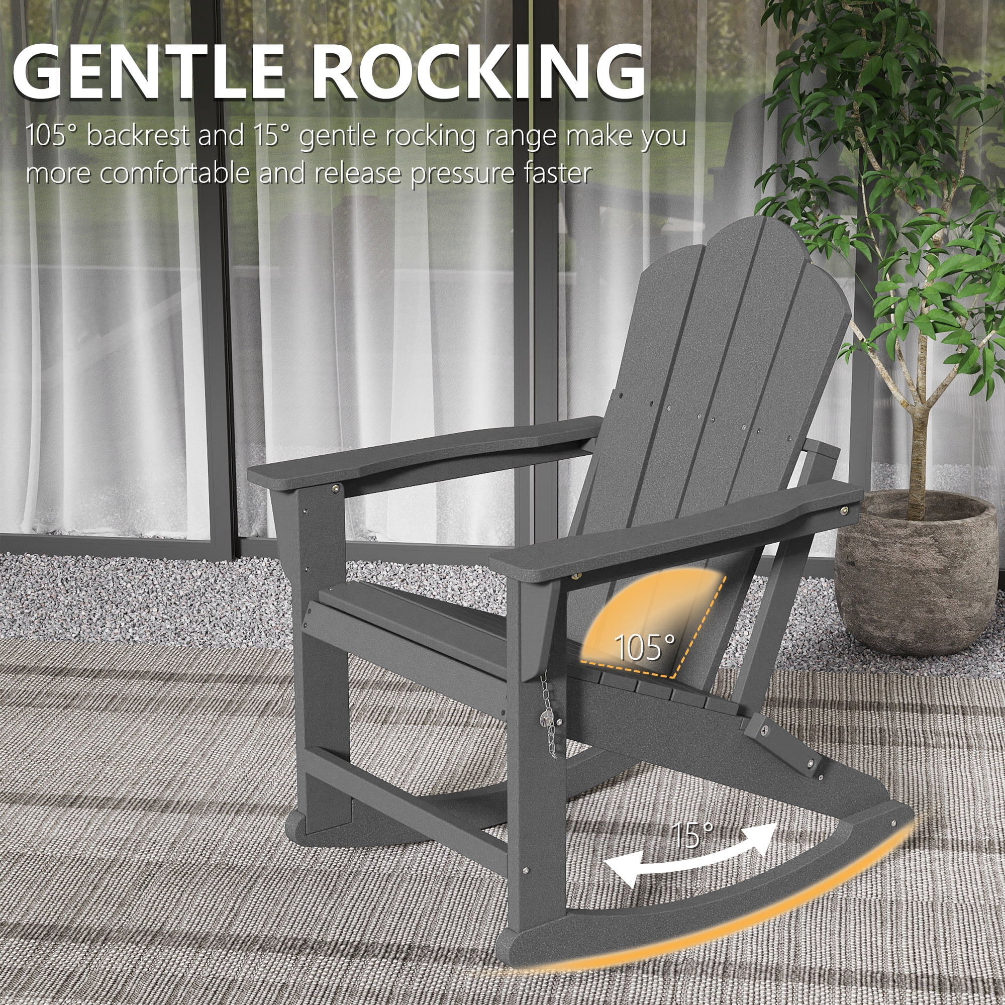 FOOWIN Folding Rocking Adirondack Chair, HDPE Plastic Rocking Chairs for Patio Porch Rocker Chair, Grey