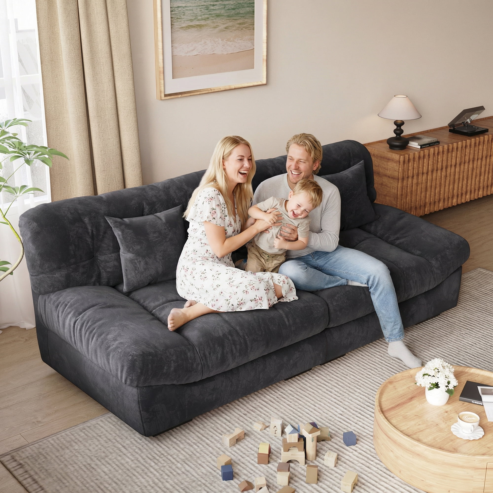 Magic Home 89" Cloud Sofa,Modern Velvet Couch,3-Seat Sofa for Living Room,Apartment and Small Space,Gray