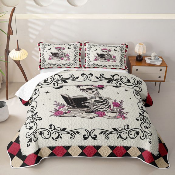 Homewish Retro Reading Skeleton Quilt Full for Boys Girls, Checkered Rose Witchy Full Bedspread Sets, 3-Piece