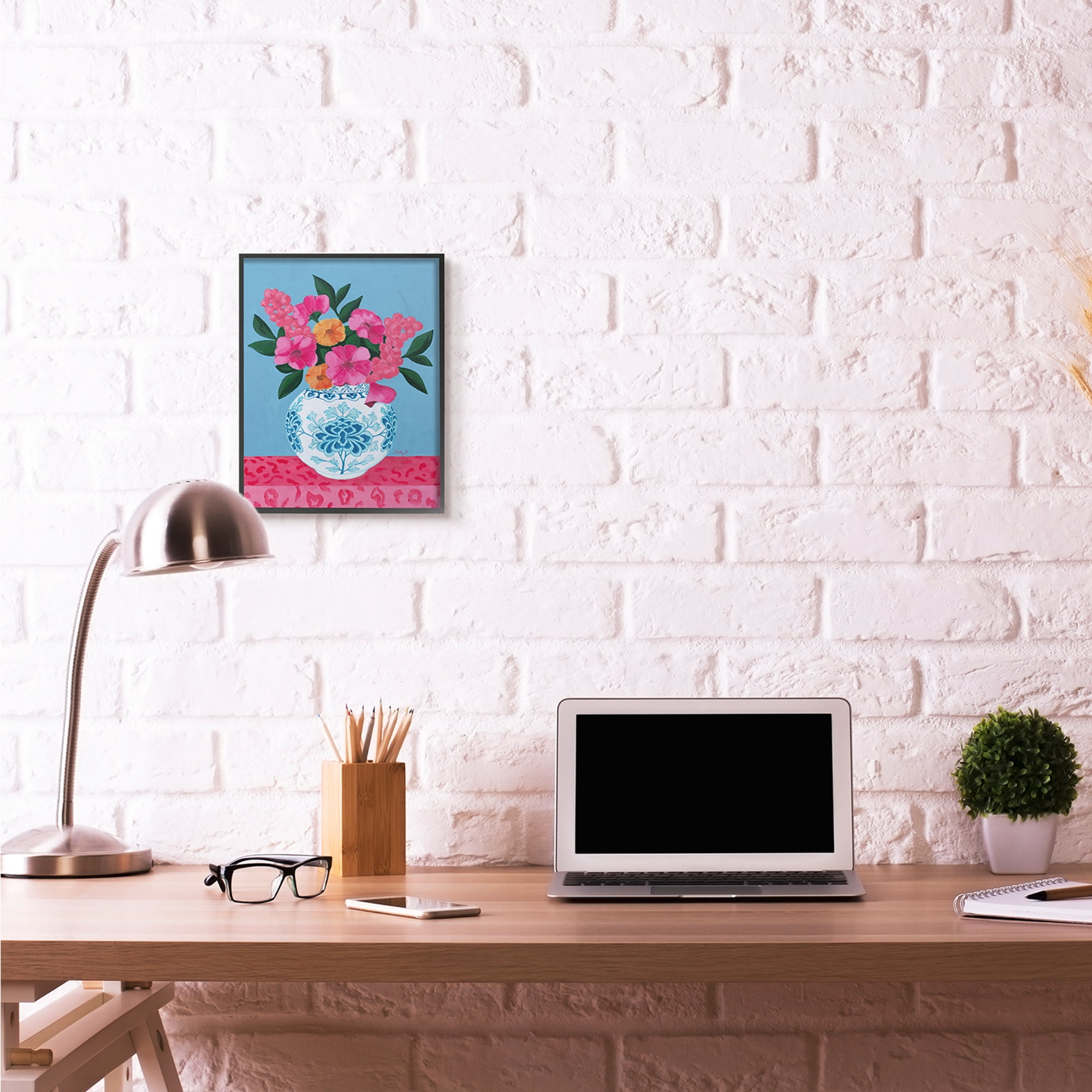Stupell Industries Flower Vase Pink Blue Painting Black Framed Art Print Wall Art, 11x14, by Sally B