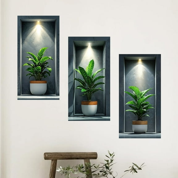 3pcs Realistic Nordic Style Flower Pots Green Plant Wall Stickers, Suitable for Wall Decoration in Living Rooms, Dining Rooms And Studies