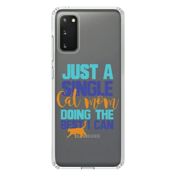 DistinctInk Clear Shockproof Hybrid Case for Galaxy S20 / S20 5G (6.2" Screen) - TPU Bumper Acrylic Back Tempered Glass Screen Protector - Just a Single Cat Mom Doing The Best