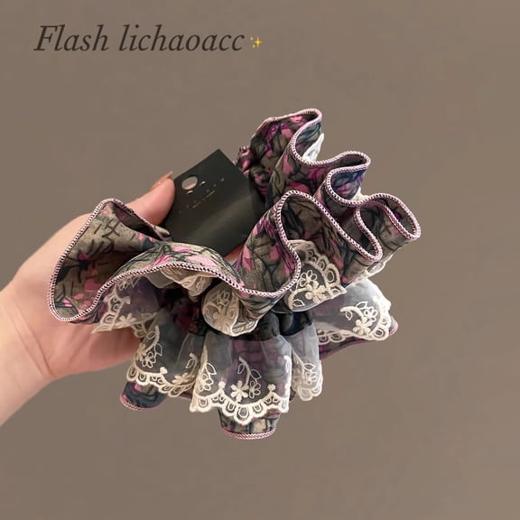 Korean rustic style lace large intestine hair band purple green flowers temperament tie ponytail hair rope headdress new headband female