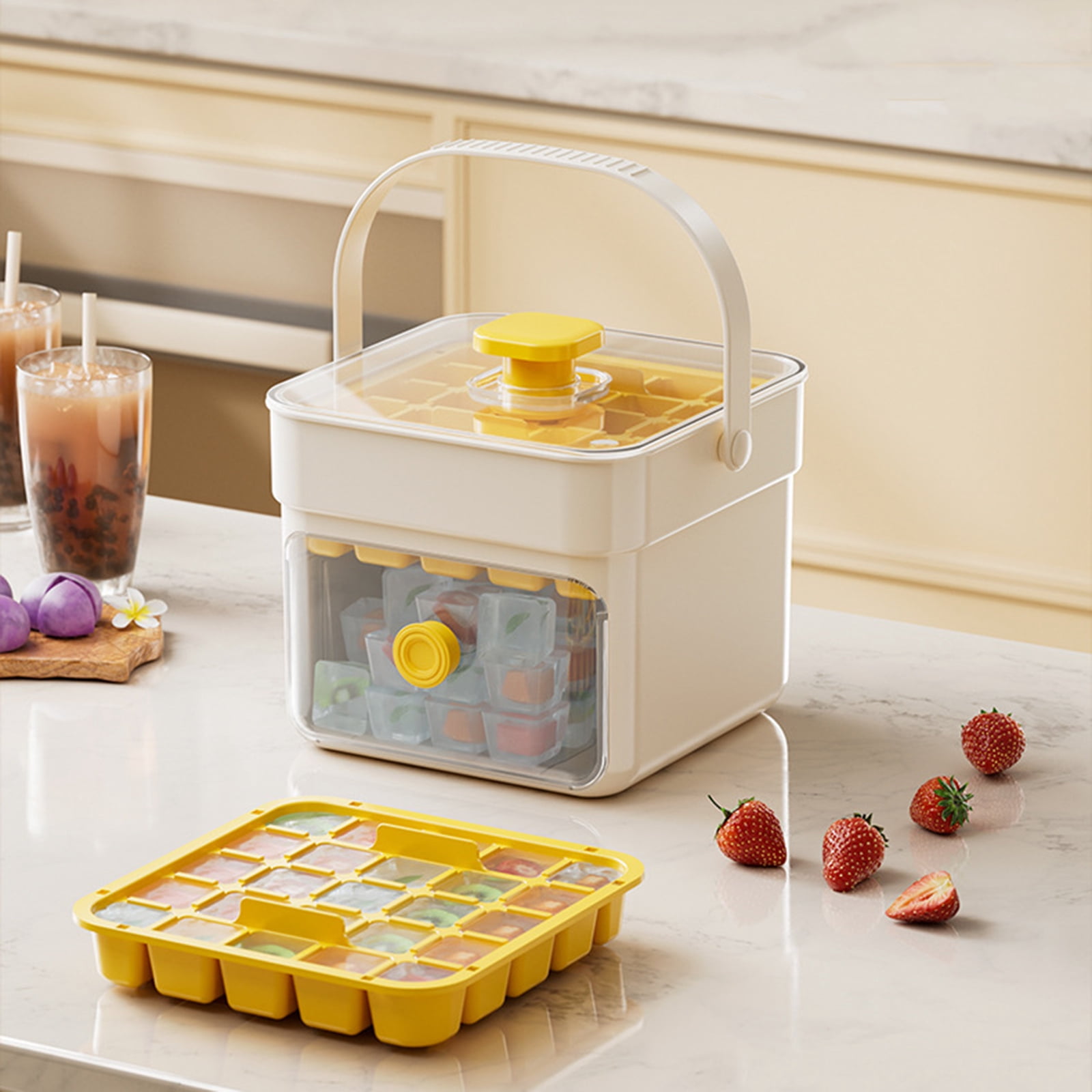 Compact Ice Cube Tray with Lid and Bin, Mini Press-Type Ice Maker for Freezer, Space-Saving Small Ice Bucket with Tongs for RV, Office, Mini Fridge & Water Bottles, BPA-Free