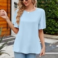 thumbnail image 3 of Defitshape Women's Short Sleeve Bouse Fall Shirt Fashion Chiffon Summer Lightweight Top Elegant Loose Thin T Shirt Sky Blue Large, 3 of 4