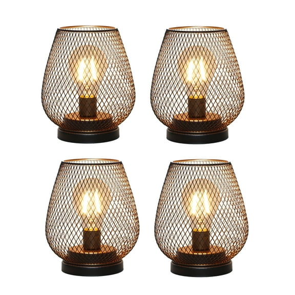 Set of 4 Battery Operated Lamp LED Table Lantern, Metal Cage Cordless Lamps with LED Bulb