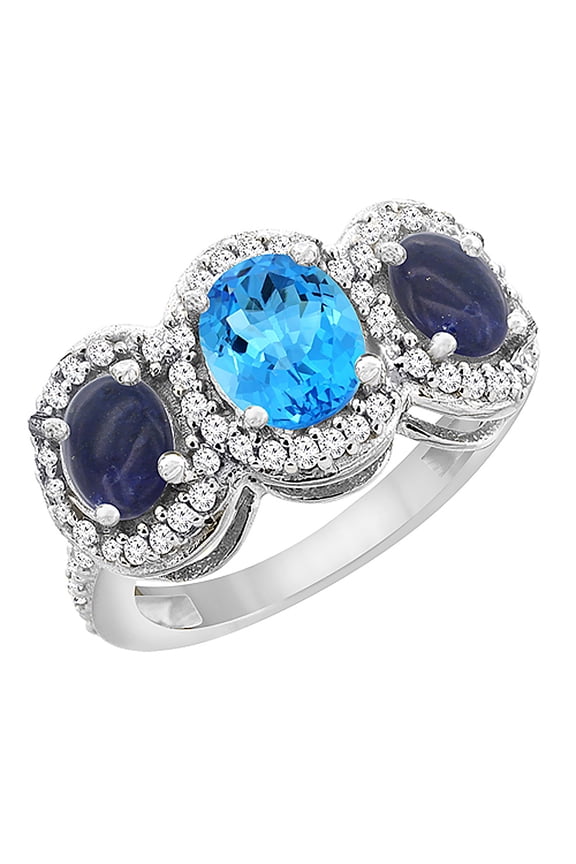 14K White Gold Natural Swiss Blue Topaz & Lapis 3-Stone Ring Oval Diamond Accent, size 6