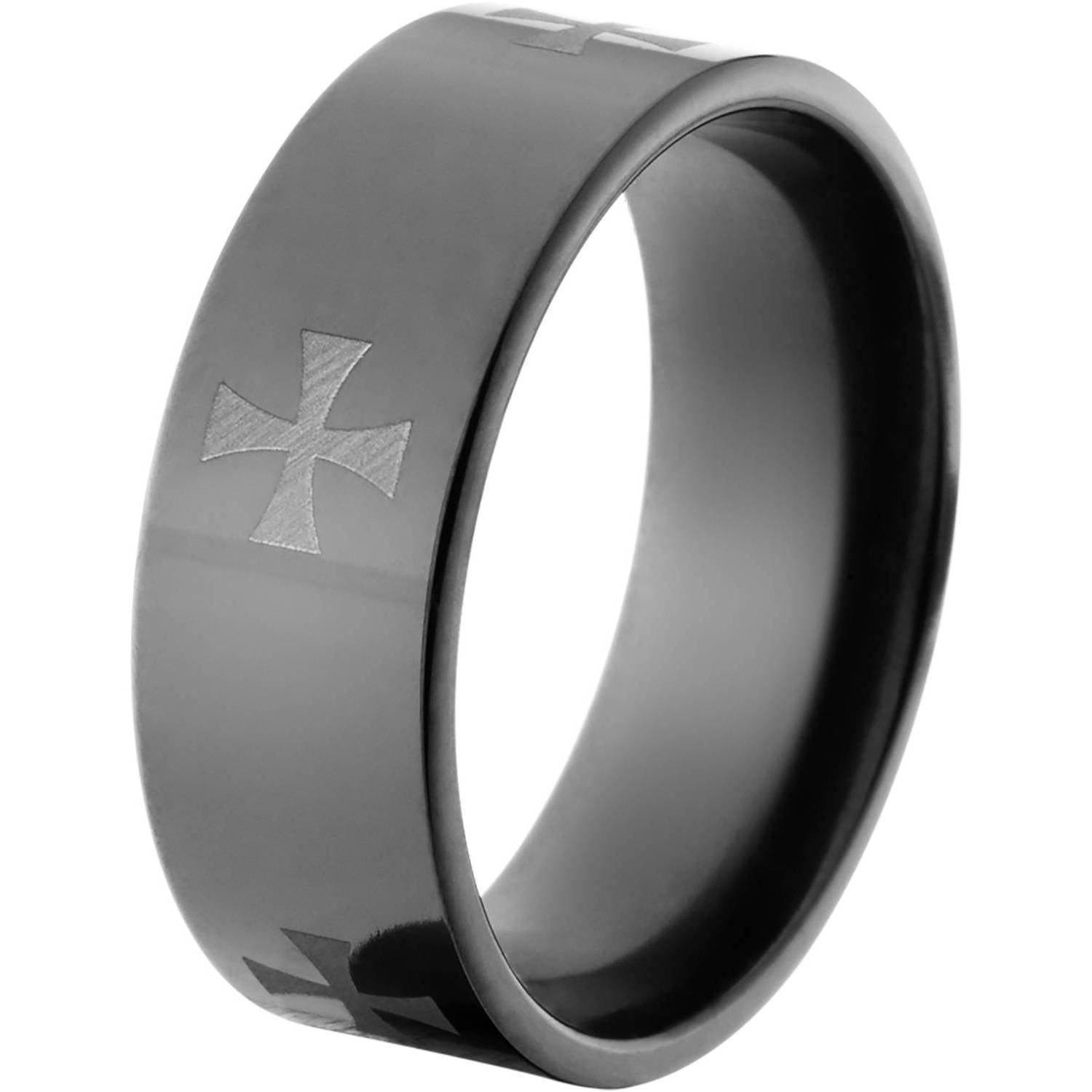 8mm Flat Black Zirconium Ring with a Laser Celtic Cross