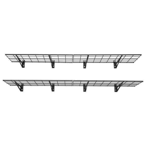 KFFKFF 2-Tier Wall-Mounted Garage Shelving, Set of 4 Steel Units, 1 x 3 ft Each, 12 x 72 Inch Per Shelf, Floating Metal Storage Rack for Garage, Supports Up to 600 lbs, Black