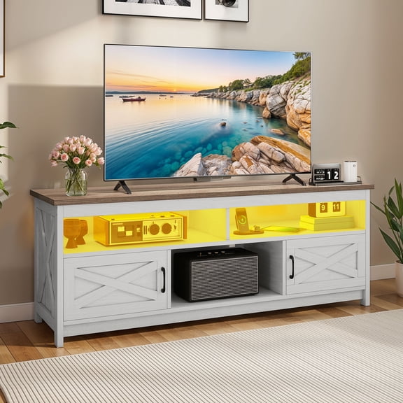 Dextrus Farmhouse TV Stand up to 75 inch with Power Outlet & LED Light, Entertainment Center Media Console with Storage Shelves, Grey White