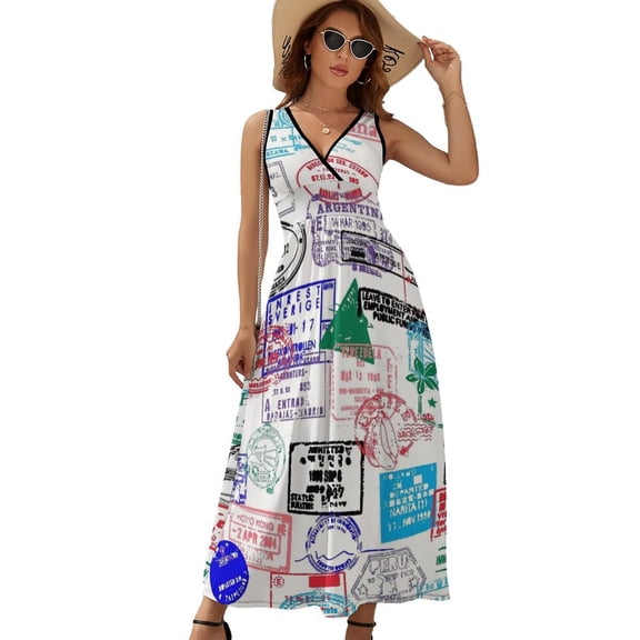 Series Of World Travel Passport Stamps Sleeveless Dress Dresses Women Summer Evening Dresses Ladies Bohemia Long Dresses