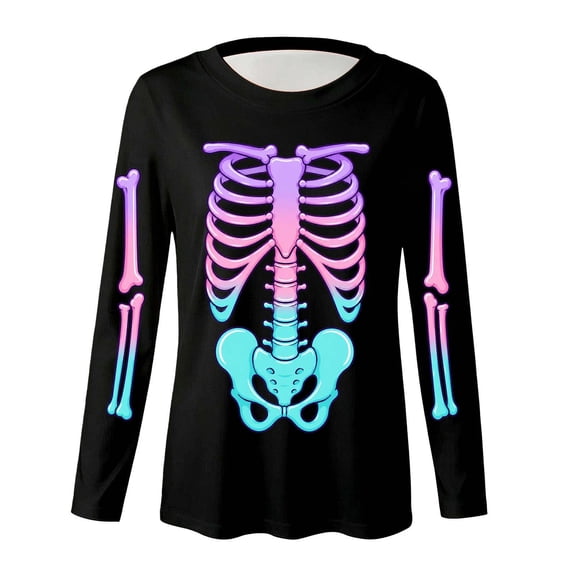 CONFREE Girls Halloween Long Sleeve Tshirts Crew Neck Skeleton Graphic Casual Fall Winter T-Shirt for Kids