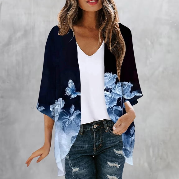 AGWOLF Womens Open Front Cardigans 3/4 Sleeve Summer Boho Lightweight Cardigan Comfy Shrugs with Draped Ruffles Kimono Beach Vacation Cruise Clothes L