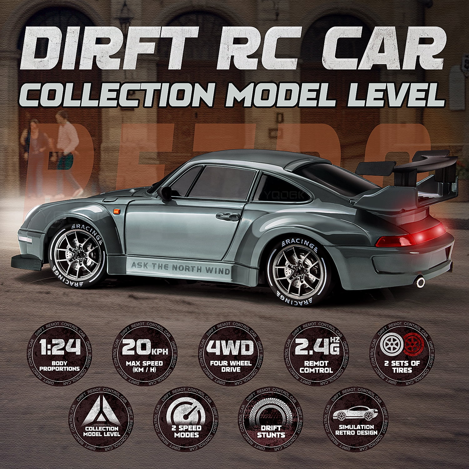 1:24 4WD RC Drift Car, 2.4G Remote Control High-Speed Racing Sports Toy with LED Lights & Tire Roadblocks, 20KM/H Top Speed, Dark Gray