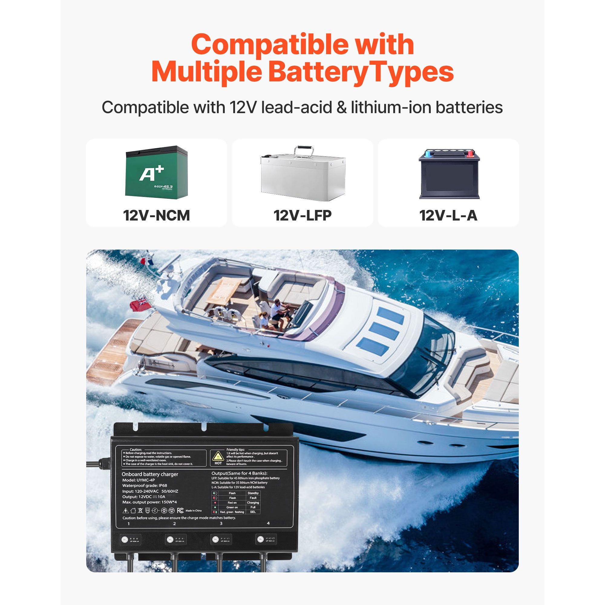 KFFKFF 4-Bank 10A 12V Onboard Marine Battery Charger, IP68 Waterproof Smart Charger for Lithium-Ion (LiFePO4), NCM, and Lead-Acid Batteries, Suitable for Boats, Yachts, RVs, and Trailers