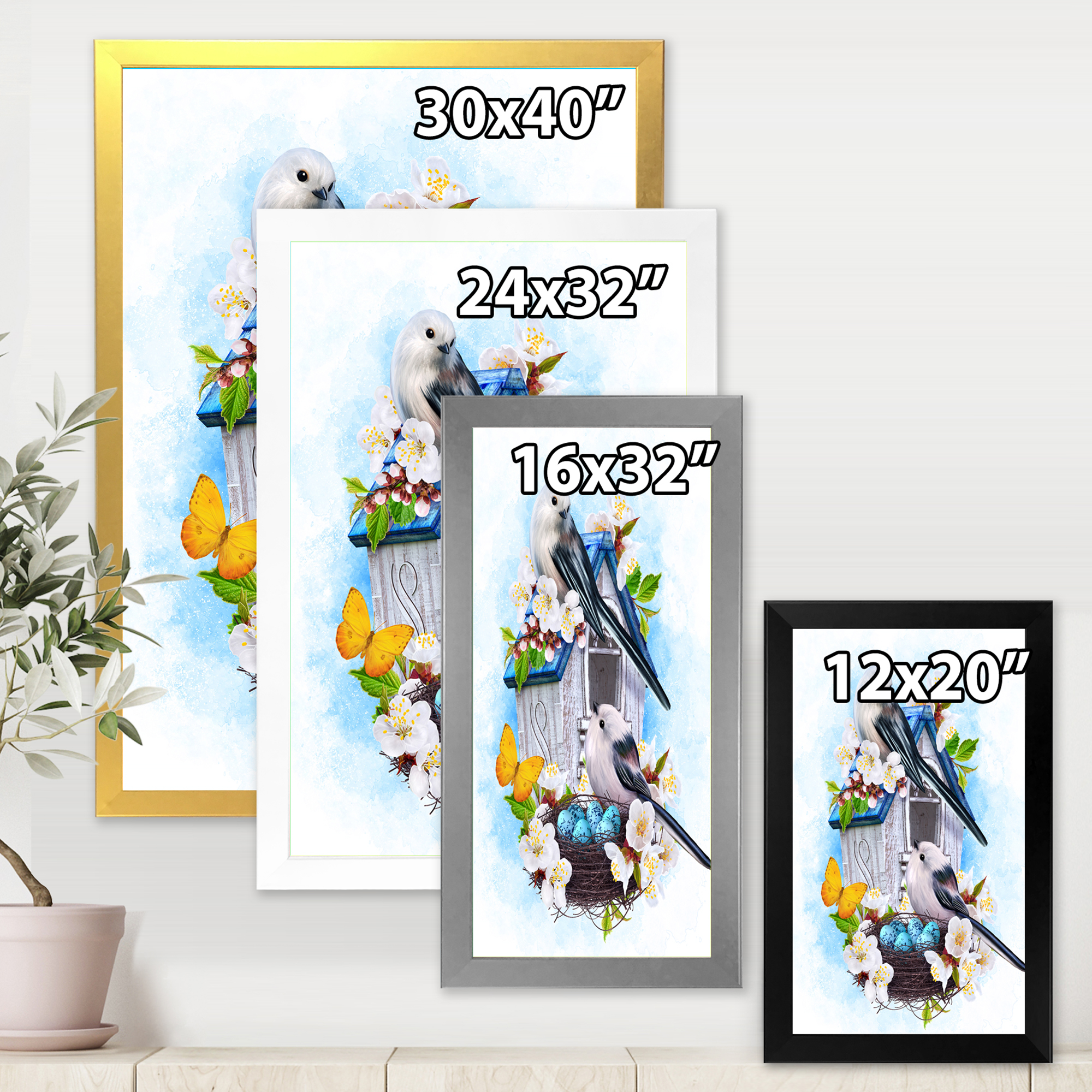Designart 'Two Tit Birds Sitting Near The Nest With Eggs and White Flowers II' Traditional Framed Art Print
