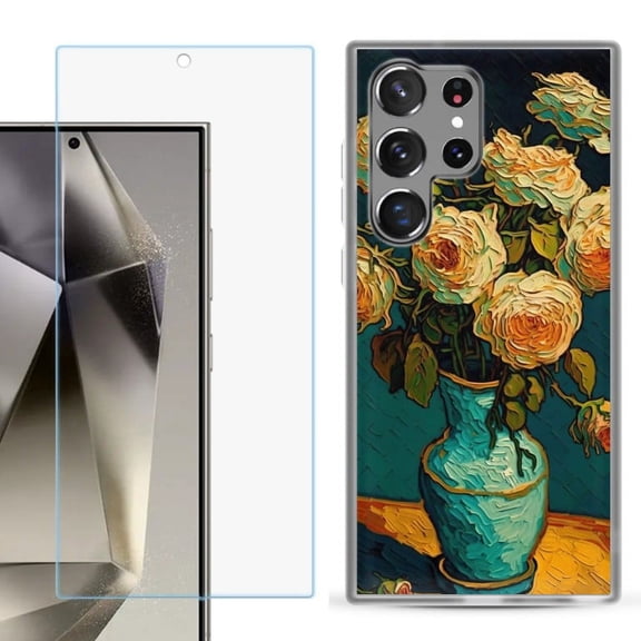 OneToughShield ® Compatible with Samsung Galaxy S24 Ultra, Shockproof Phone Case, with Tempered Glass Screen Protector - Roses in a vase