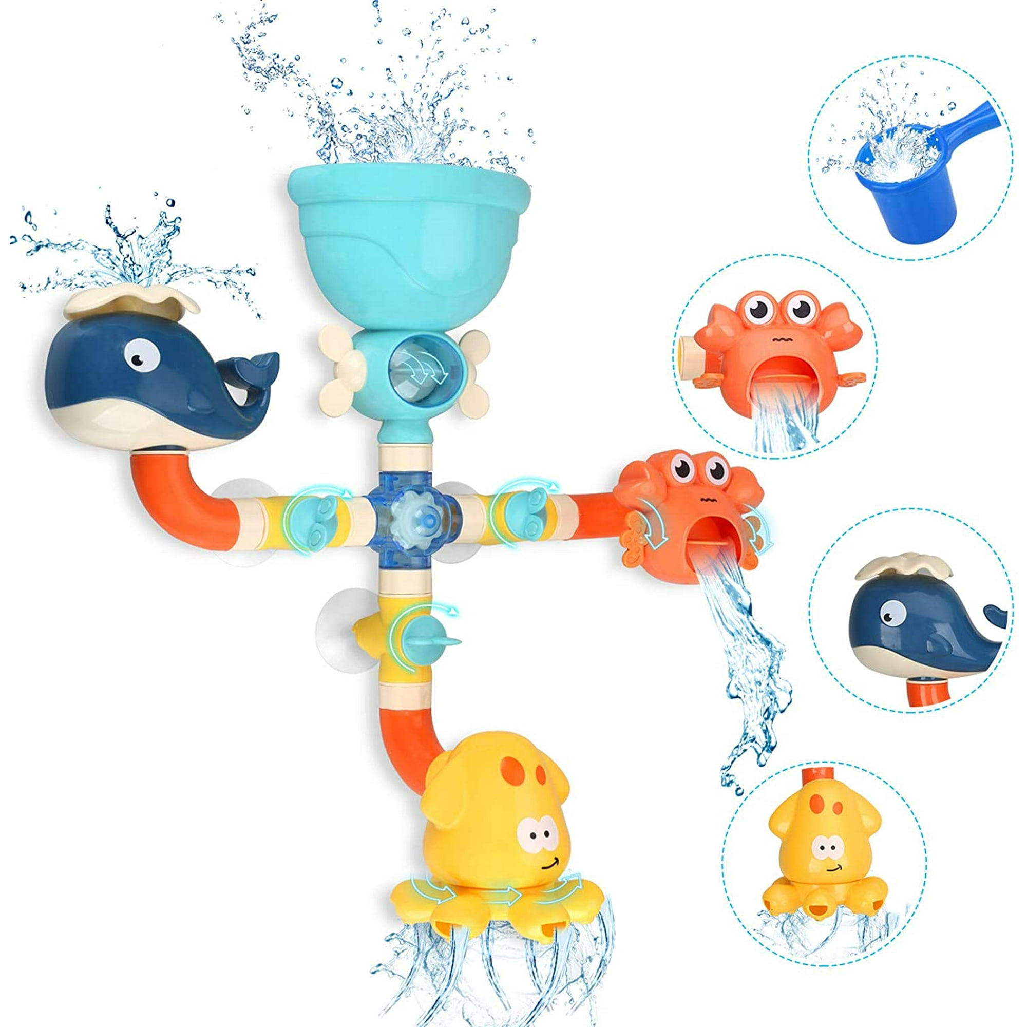 Htooq Bath Toys For Toddlers Kids 1 2 3 4 5 Years Old Boys And Girls Bathtub Toy Baby Bathing Diy Pipes Tubes With Spinning Waterfall Water Spout Col