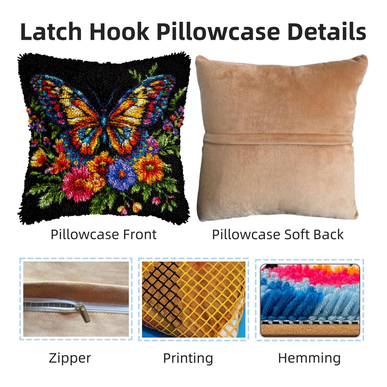 DIY Latch Hook Pillow Kits Colorful Butterfly Surrounded by Vibrant Flowers Printed Pillowcase Crochet Yarns Hooking Handmade Pillow Cover Cushion for Home Sofa Decoration 17x17inch-1