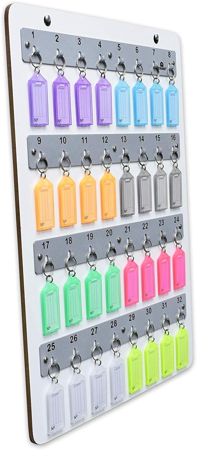 Acrimet Wall-Mounted Key Holder Rack – White Wood Board Key Stand Organizer with 32 Numbered Hooks – Includes 32 Plastic Key Tags with Metal Rings & Labels