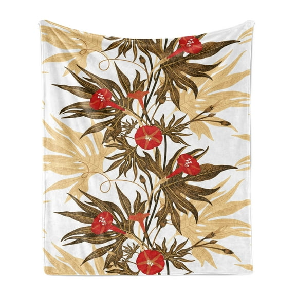 Floral Soft Flannel Fleece Blanket, Exotic Climbing Plant Ivy Flowers Leaves Vintage Blooms Botanical Artwork, Cozy Plush for Indoor and Outdoor Use, 70" x 90", Brown Sand Brown Red, by Ambesonne