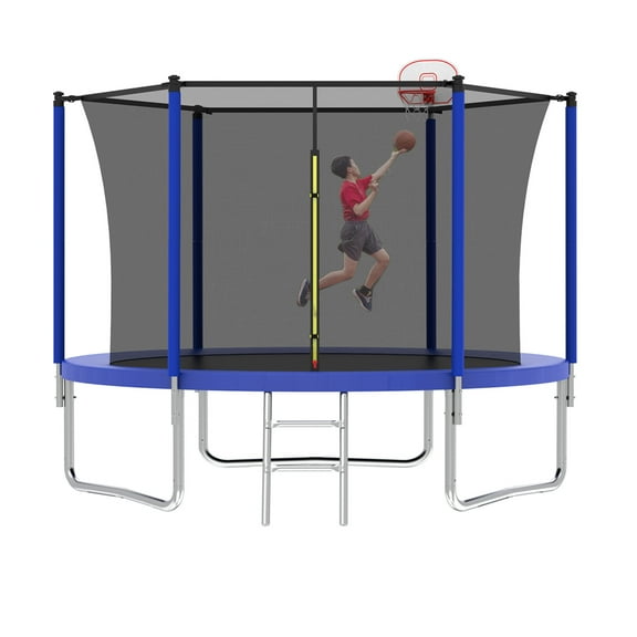 Leumius 10FT Trampoline for Kids,Upgraded Indoor Outdoor Trampoline with Basketball Hoop,Heavy-Duty Recreational Trampoline with Safety Enclosure Net,Blue