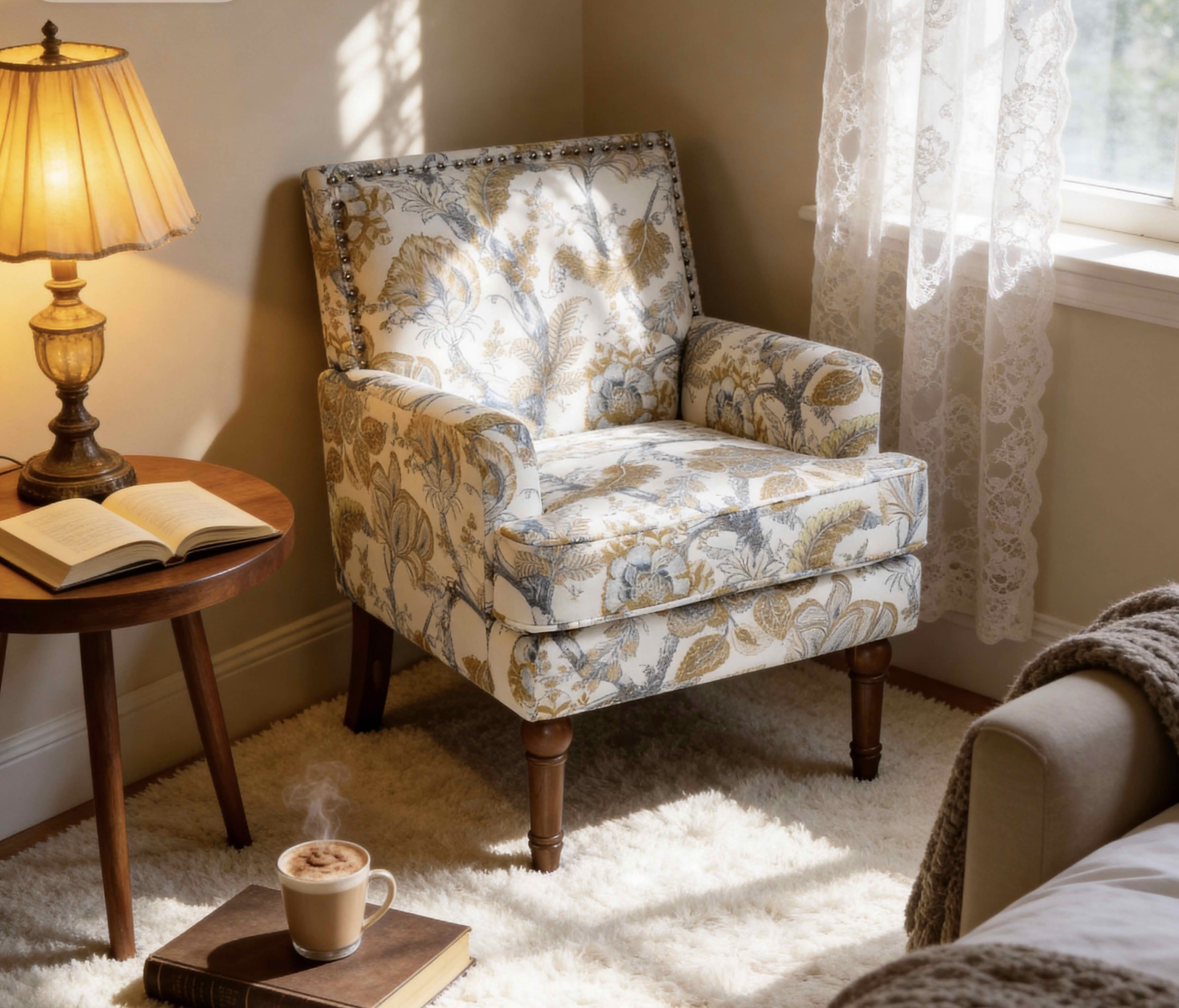 MAYEERTY 29 In Floral Accent Armchair, Farmhouse Upholstered, Nailhead Trim, Wood Legs, Earthy Yellow