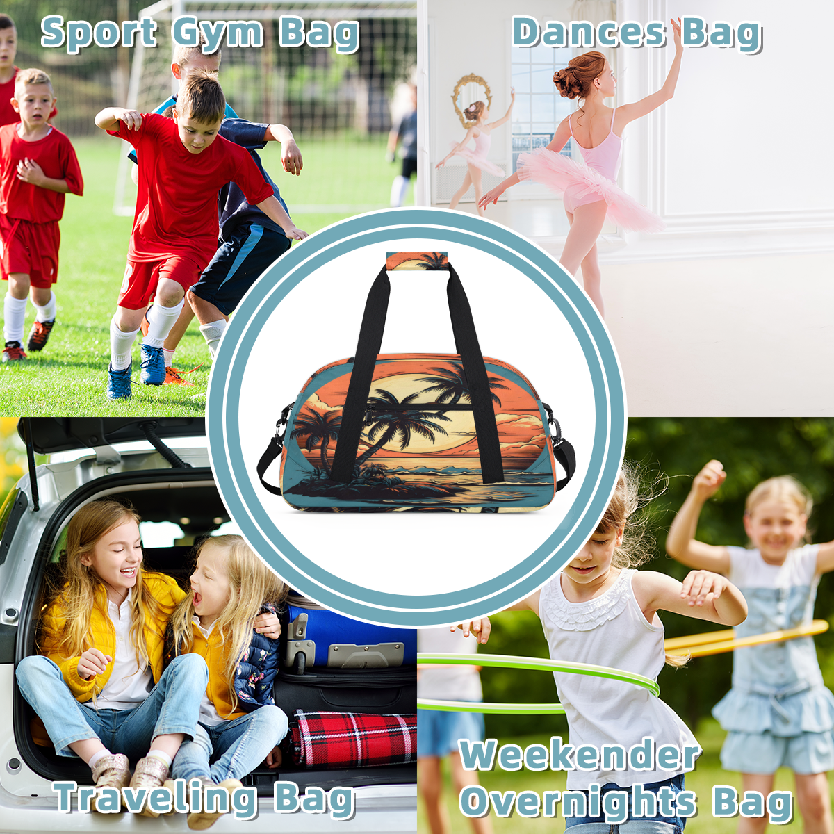 Herdesigns Ocean Sports Duffle Bag for Women & Men, Palm Trees Beach Summer Gym Bag Dance Bag Overnight Bag Carry On Weekender Travel Bag