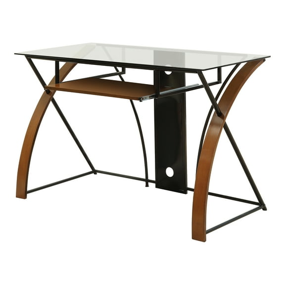 24/7 Shop At Home Liz Contemporary Glass Top Computer Desk in Oak and Black