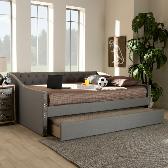 Full Size Daybed with Trundle, Light Grey Upholstered Bed Frame, Button Tufted Design-Length:176