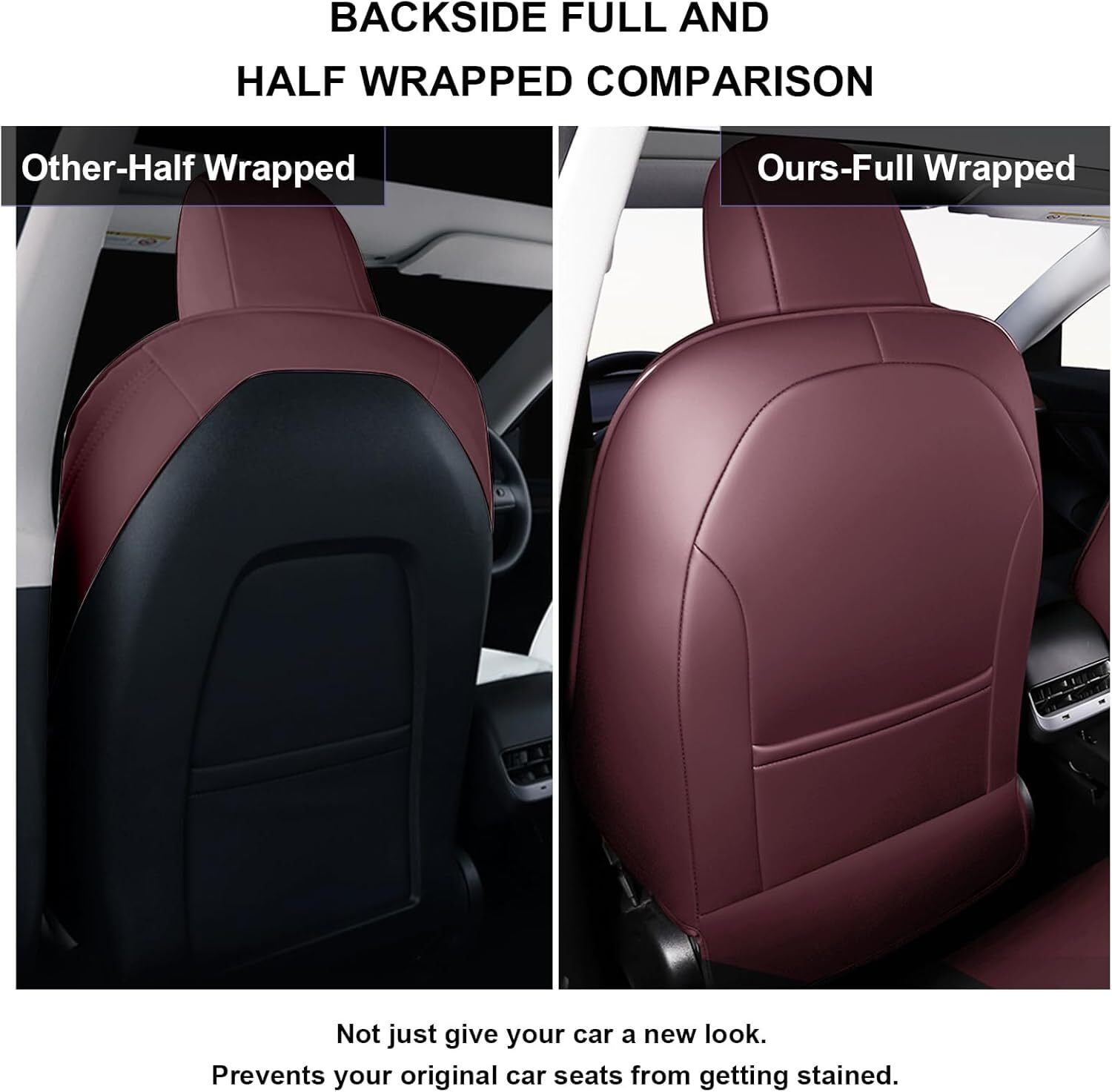 IKABEVEM Car Seat Cover for Tesla Model Y 2023-2024 - Full Set Faux Leather Seat Covers (Wine Red)