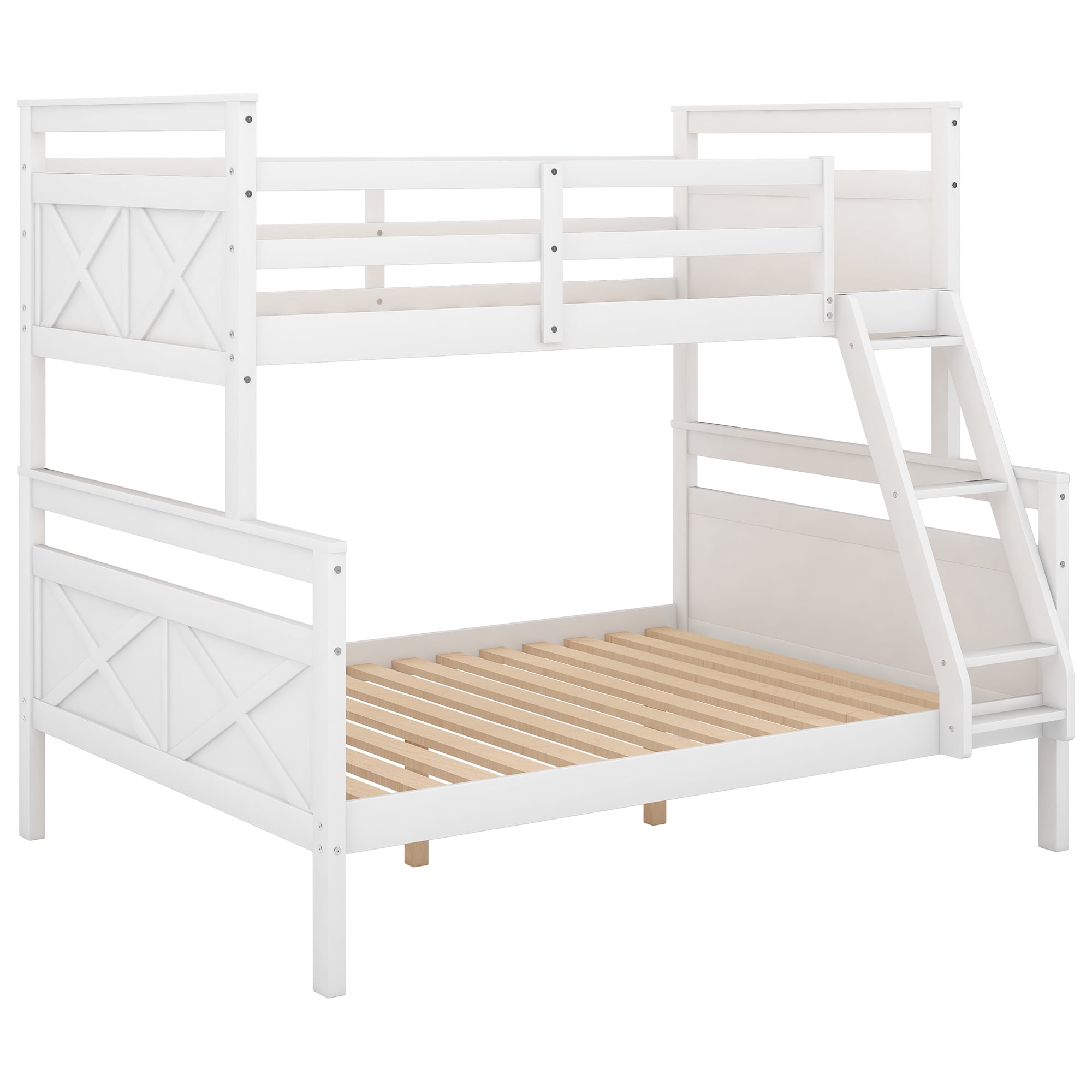 Euroco Modern Solid Wood Twin over Full Kids Bunk Bed Frame with Ladder, White