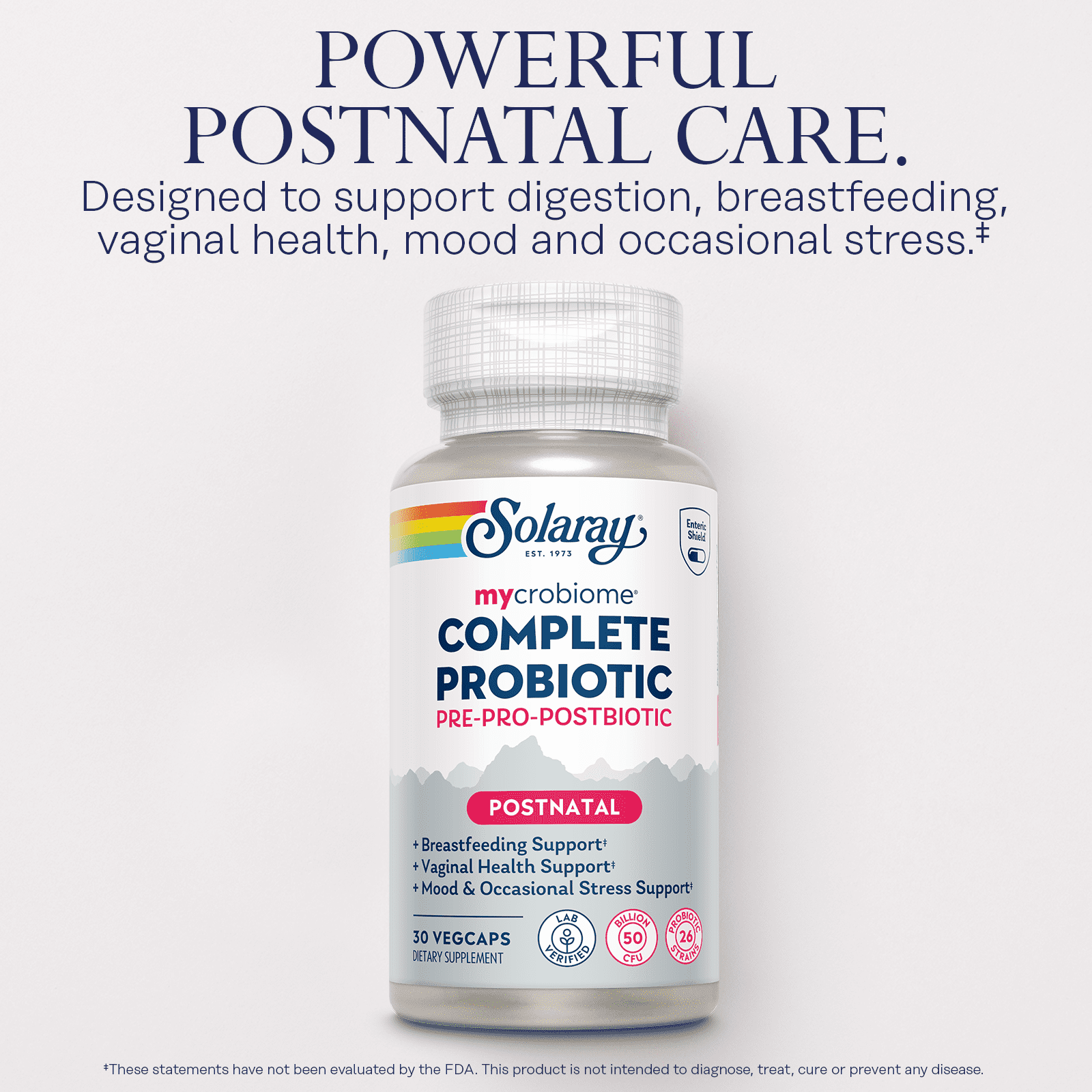 SOLARAY Mycrobiome Complete Probiotic Postnatal - Probiotics for Women Plus Pre and Postbiotic - 50 Billion CFU, 26 Strains - Vegan, Gluten Free - 30 Serv, 30 VegCaps