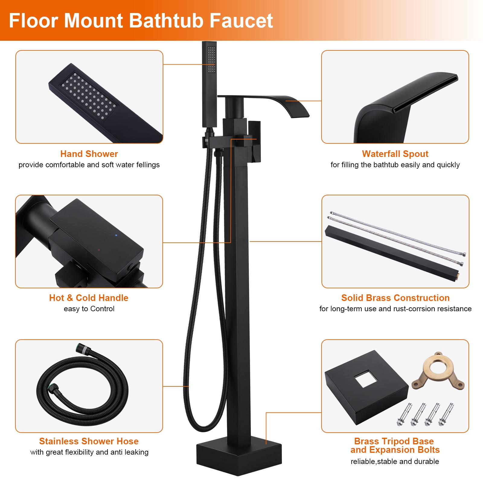 Wowow Brass Waterfall Single-Handle Floor Mount Freestanding Bathtub Faucet with Hand Shower and Supply Line in Matte Black