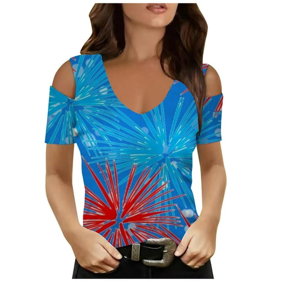 Brnmxoke American Flag Tshirt Women Red White and Blue Shirts Summer Short Sleeve Patriotic Shirts Distressed 4th of July Tops Plus Size Loose Casual Cold Shoulder Top