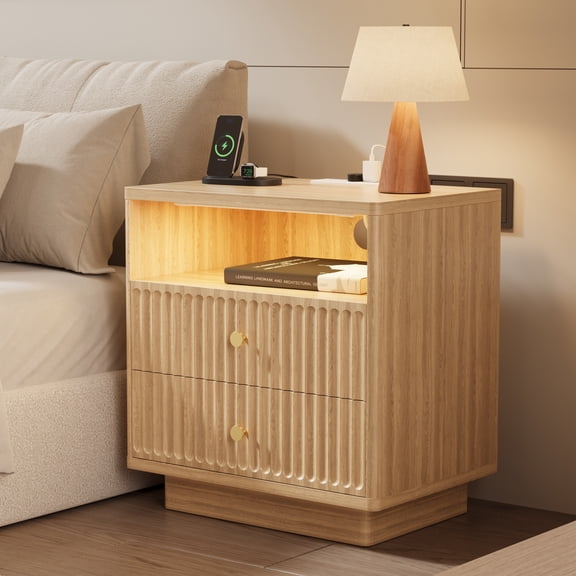 Paproos Nightstand with Charging Station, 23'' Wide Modern Oak Nightstand with Motion-Sensor LED Lights & 2 Drawers, Wooden Bedside Table with Open Shelf, Side Table for Bedroom Living Room Hallway