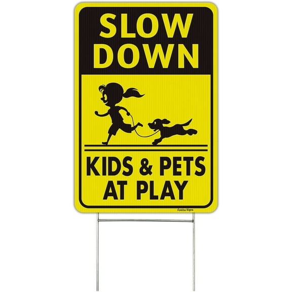 Faittoo Slow Down Signs, Kids and Pets at Play Sign with Stake,18 x 12 Double-Sided Corrugated Plastic Yard Sign, Easy to Assemble, Waterproof, Weather Resistant, Non-Fading
