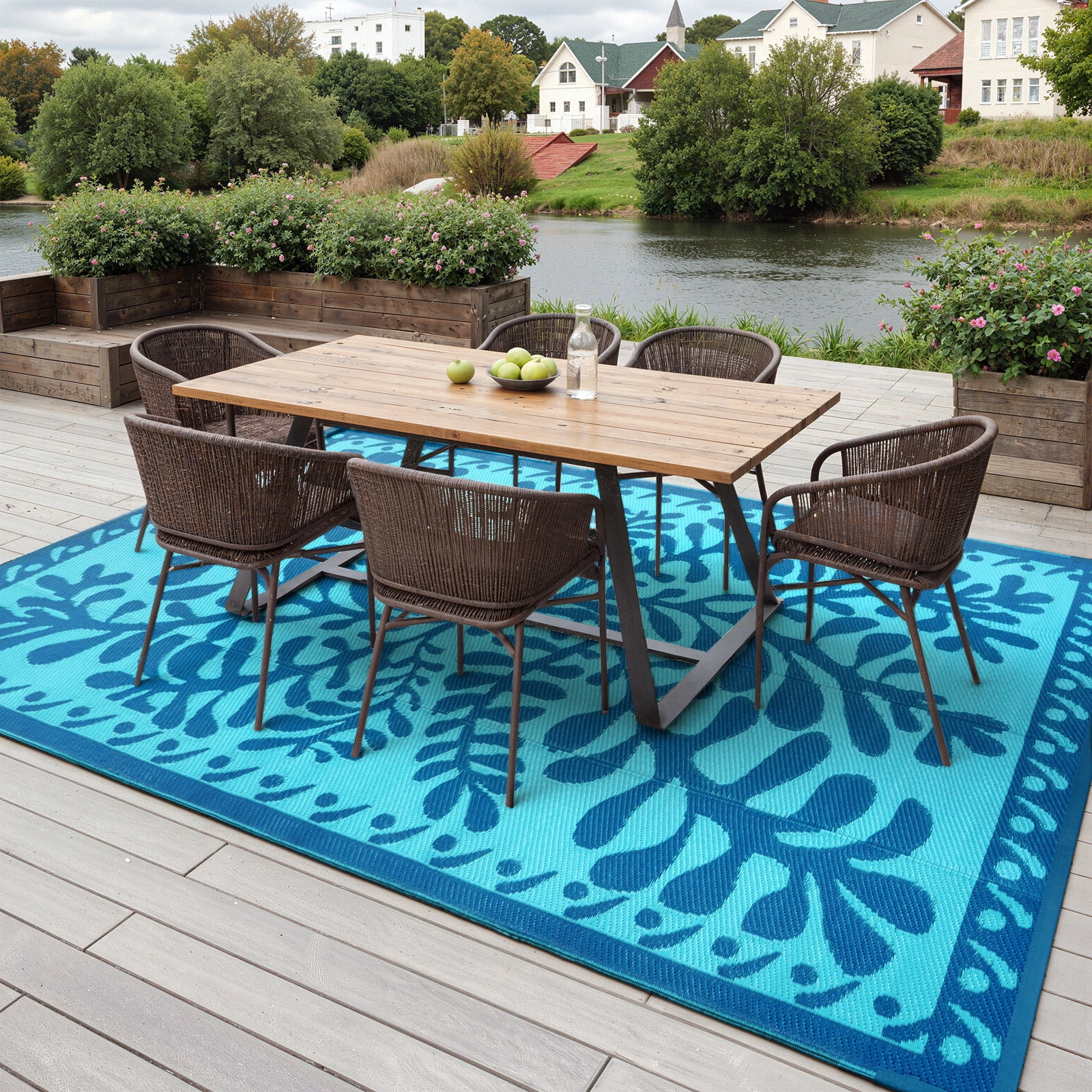 SUNDEREY 6’X9’Outdoor Rug for Patio,Waterproof Beach Mats, Seaweed Pattern Plastic Straw Outdoor Rugs for RV Patio Deck Beach Porch Backyard,Blue