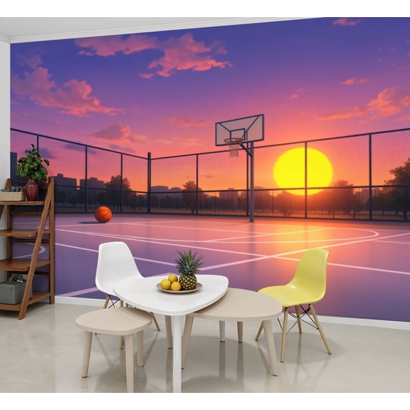 Basketball Wallpaper Basketball Court Sunset Vibrant Sky Peel and Stick Wall Murals 69"H x 96"W Removable PVC Wall Paper Self-Adhesive Wall Paintings Art Decor for Bedroom Living Room