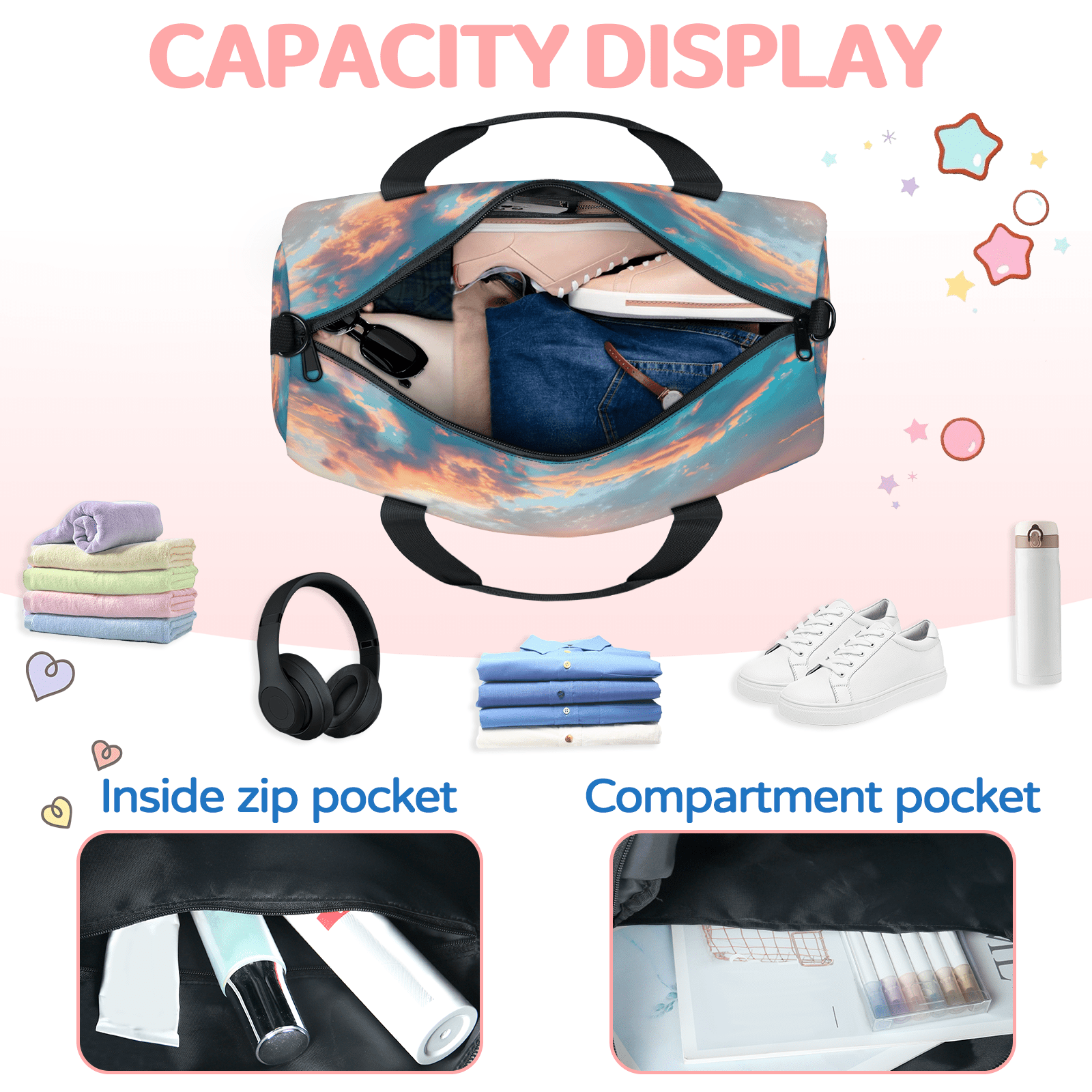 Herdesigns Ocean Beach Sunrise Sunset Gym Bag for Women, Duffle Bag for Travel Sport, Lightweight Waterproof Carry on Weekender Overnight Dance Yoga Workout Bags