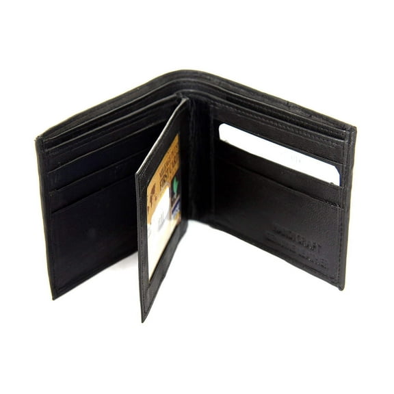 Men's Double Bill Bifold 6 Credit Card 2 ID Window Leather Black Wallet 3.5 x 4.5 inches