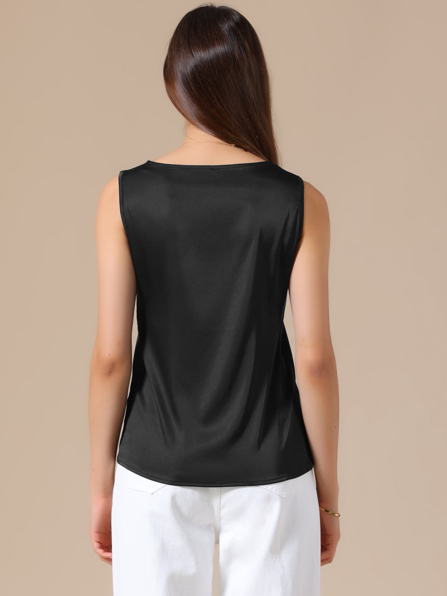 DARING DIVA Women's Satin Tank Tops V Neck Dressy Casual Sleeveless Silk Camisole Top L Black