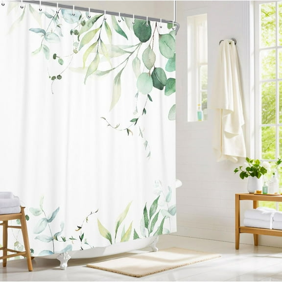 Mint Green Bathroom Shower Curtain Watercolor Green Leaves Bathroom Accessories, Green and White Shower Curtain with Botanical Eucalyptus Design, Modern Fabric Shower Curtain Set with Hooks 47X64IN